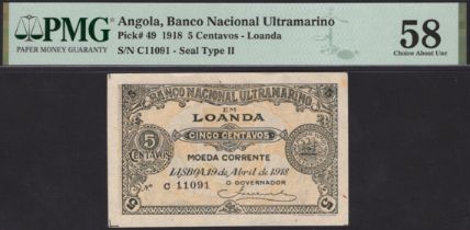 Banco Nacional Ultramarino, Angola, 5 Centavos, 19 April 1918, serial number C11091, in PMG...