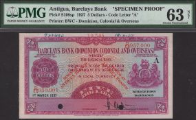 Barclays Bank (Dominion, Colonial and Overseas), Antigua, printer's archival specimen $5, 1...