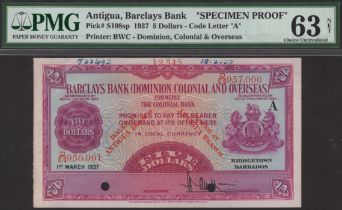 Barclays Bank (Dominion, Colonial and Overseas), Antigua, printer's archival specimen $5, 1...