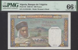 Banque de l'Algerie, 100 Francs, 23 May 1945, serial number Z.2158 084, in PMG holder 66...