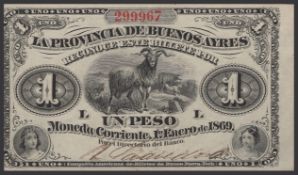 La Provincia de Buenos Ayres, 1 Peso, 1 January 1869, serial number 299967, manuscript...