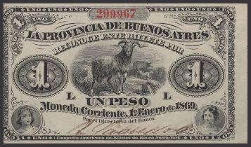 La Provincia de Buenos Ayres, 1 Peso, 1 January 1869, serial number 299967, manuscript...