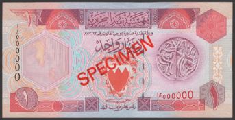 Bahrain Monetary Agency, specimen 1 Dinar, L.1973 (1993), serial number AJ000000, red...