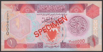 Bahrain Monetary Agency, specimen 1 Dinar, L.1973 (1993), serial number AJ000000, red...