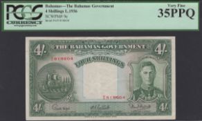 Bahamas Government, 4 Shillings, ND (1947), serial number A/9 818604, Higgs, Latreille and...