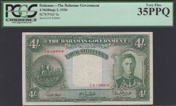 Bahamas Government, 4 Shillings, ND (1947), serial number A/9 818604, Higgs, Latreille and...