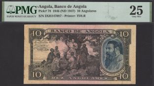 Banco de Angola, 10 Angolares, 1 June 1947, serial number 3Xh 147087, in PMG holder 25,...