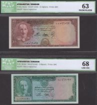 Afghanistan Bank, 2, 5, and 10 Afghanis, SH1327/1948, serial numbers 685261, 461070, and...