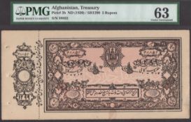 Afghan Treasury, 5 Rupees, SH1299 (1920), serial number 38852, also 50 Afghanis, ND (1928),...
