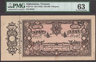 Afghan Treasury, 5 Rupees, SH1299 (1920), serial number 38852, also 50 Afghanis, ND (1928),...