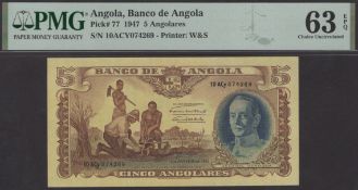 Banco de Angola, 5 Angolares, 1 January 1947, serial number 10 ACY 074269, in PMG holder 63...
