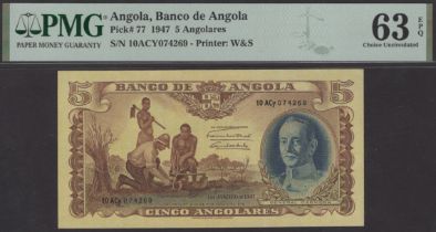 Banco de Angola, 5 Angolares, 1 January 1947, serial number 10 ACY 074269, in PMG holder 63...