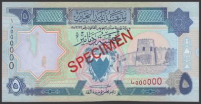 Bahrain Monetary Agency, specimen 5 Dinars, L.1973 (1993), serial number AD000000, red...