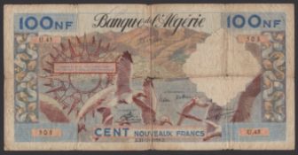 Banque de l'Algerie, 100 Nouveaux Francs, 31 July 1959, serial number U.45 503, and Banque...