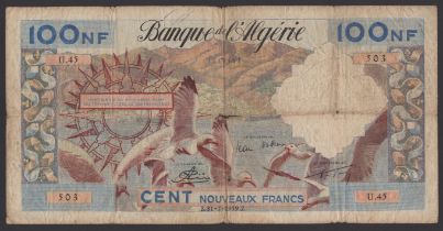 Banque de l'Algerie, 100 Nouveaux Francs, 31 July 1959, serial number U.45 503, and Banque...