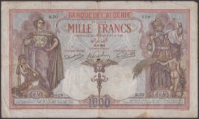 Banque de l'Algerie, 1000 Francs, 18 September 1926, serial number M.70 528, fine and...