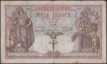 Banque de l'Algerie, 1000 Francs, 18 September 1926, serial number M.70 528, fine and...