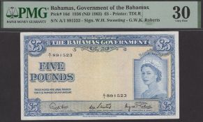 Bahamas Government, &pound;5, 1963, serial number A/1 891523, Higgs, Sweeting and Roberts...