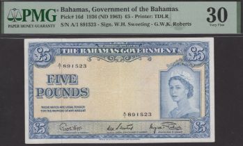Bahamas Government, &pound;5, 1963, serial number A/1 891523, Higgs, Sweeting and Roberts...