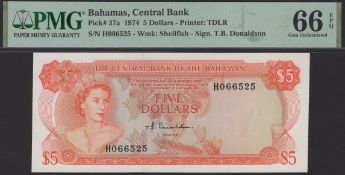 Central Bank of the Bahamas, $5, 1974, serial number H066525, Donaldson signature, in PMG...