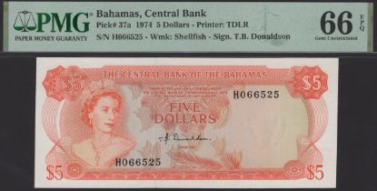 Central Bank of the Bahamas, $5, 1974, serial number H066525, Donaldson signature, in PMG...