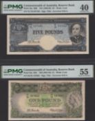 Reserve Bank of Australia, 10 Shillings, &pound;1 and &pound;5, ND (1960-65), prefixes AG/89, HJ/56.