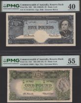 Reserve Bank of Australia, 10 Shillings, &pound;1 and &pound;5, ND (1960-65), prefixes AG/89, HJ/56.