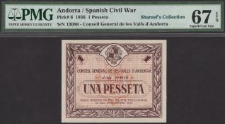 Consell General De Les Valls D'Andorra, 1 Pesseta, 19 December 1936, serial number 13088,...