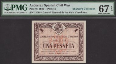 Consell General De Les Valls D'Andorra, 1 Pesseta, 19 December 1936, serial number 13088,...