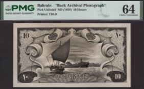 Bahrain, a black-and-white De La Rue archival photo showing a design for the reverse of an...