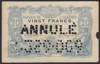 Banque de l'Algerie, 20 Francs, (March or May) 1903, serial number G.375 418, Gantes and...