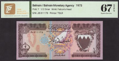 Bahrain Monetary Agency, 1/2 Dinar, L.1973, serial number JB 811178, in TQG holder 67 GEPQ,...