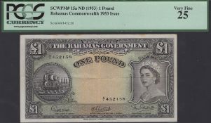 Bahamas Government, &pound;1, ND (1953), serial number A/1 452158, Higgs, Latreille and Burnside...