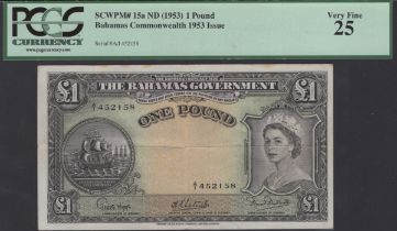 Bahamas Government, &pound;1, ND (1953), serial number A/1 452158, Higgs, Latreille and Burnside...