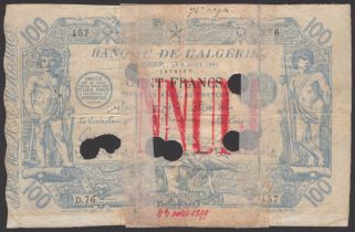 Banque de l'Algerie, 100 Francs, Algiers, 9 August 1894, serial number D.76 457, Chenu,...