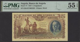 Banco de Angola, 5 Angolares, 1 January 1947, serial number 20aXY 005325, in PMG holder 55...