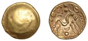 British Iron Age, Gallo-Belgic, gold Stater, series E [Ambiani], Gallic War Uniface type,...