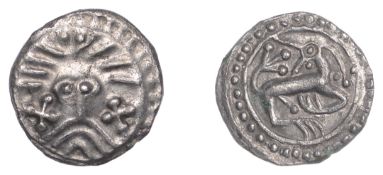 Early Anglo-Saxon Period, Sceatta, Secondary series X, Danish type B1, facing 'Wodan' head,...