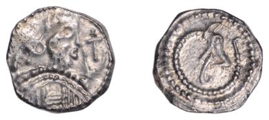 Early Anglo-Saxon Period, Sceatta, Secondary series K, type 32a, draped bust left, cross...