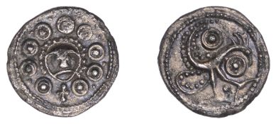 Early Anglo-Saxon Period, Sceatta, Secondary series H, type 49 var. 2, facing head of Wodan...