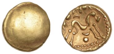 British Iron Age, Gallo-Belgic, gold Stater, series E [Ambiani], Gallic War Uniface type,...