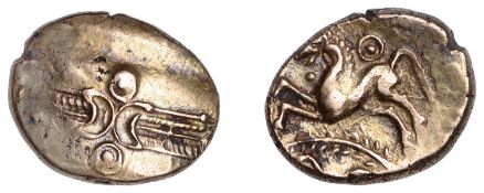 British Iron Age, TRINOVANTES, Dubnovellaunos (c. 5 BC - AD 10), gold Stater, Branch [A]...