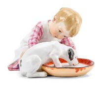 Hentschelkind mit trinkendem Hund, Jugendstil, Meissen um 1910.