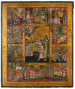 Ikone Russland um 1820 "Mehrfelderikone - Leben des ehrwürdigen Alexius, des Menschen Gottes"
