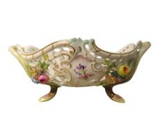 A MEISSEN PORCELAIN RETICULATED BASKET LATE 19TH CENTURY oval form with branch form handles