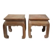 A PAIR OF CHINESE CARVED LAMP TABLES 20TH CENTURY the square tops raised on chow legs Height 57cm