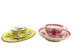 A MEISSEN LOBED INKWELL AND SAUCER LATE 19TH CENTURY painted with birds, insects and flowers on a