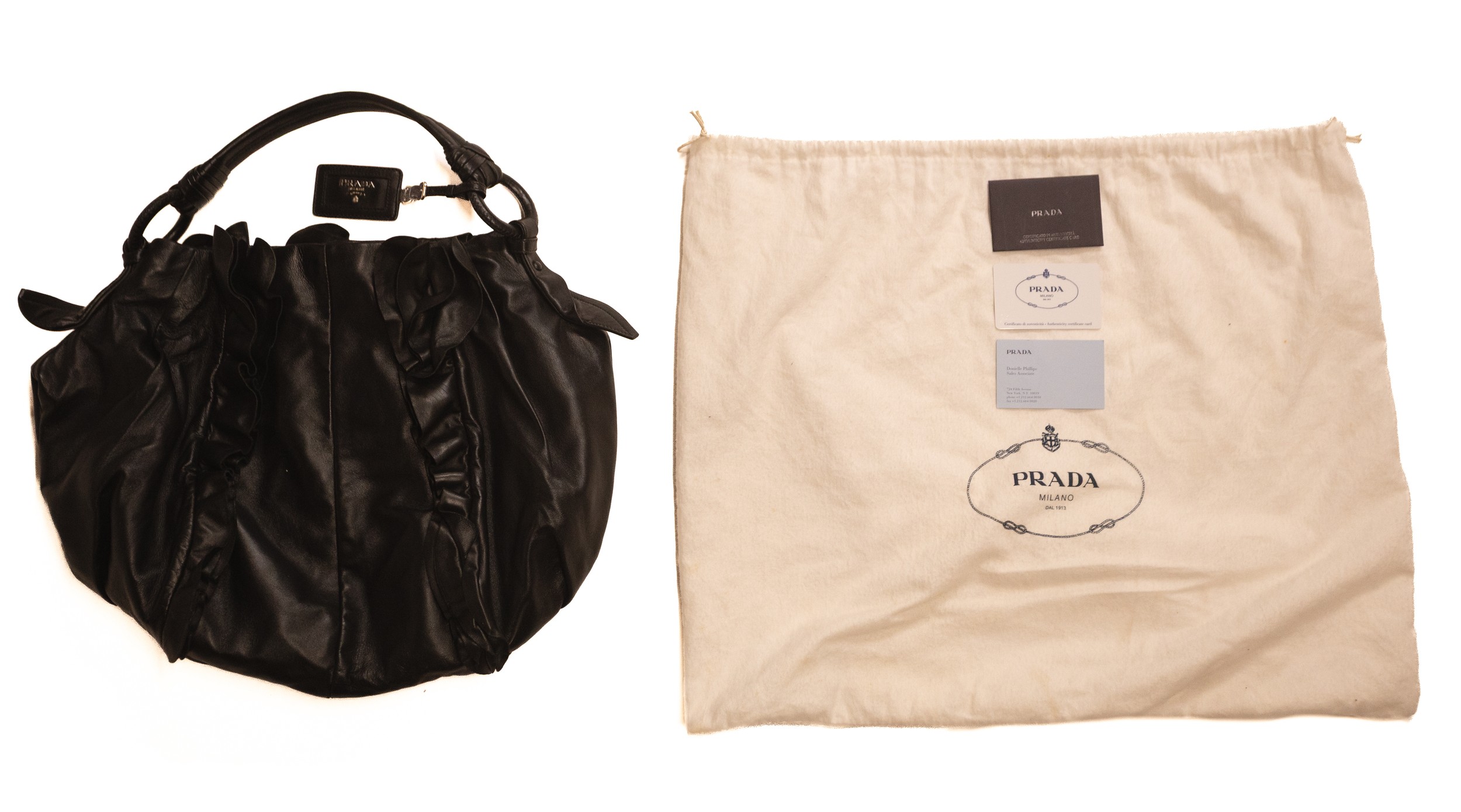 A PRADA NAPPA LEATHER RUFFLE BAG with Prada leather swing label, warranty card with product code - Image 4 of 5