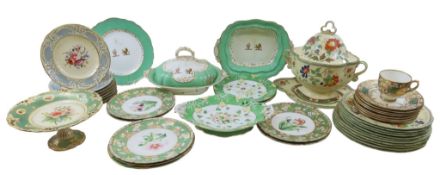 A MIXED GROUP OF ENGLISH 19TH CENTURY GREEN EDGED FLORAL PAINTED DINNER WARE AND TEA WARE various