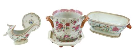 A CHINESE EXPORT CACHE POT decorated with flowers (AF) an export tureen base (AF) a small armorial